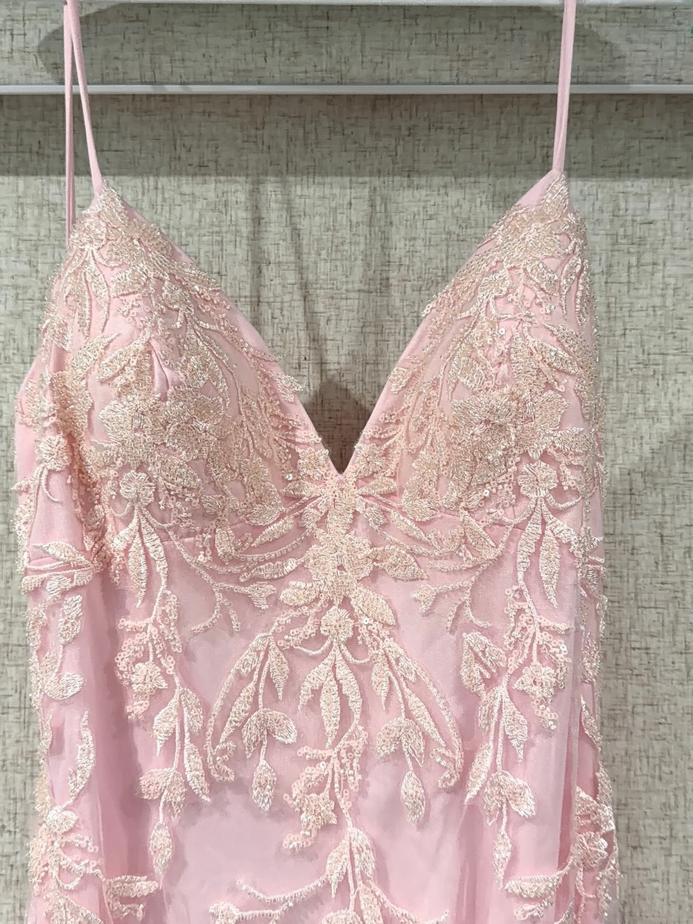 Faviana Pink Lace Appliqué V-Neck Spaghetti Strap Dress
